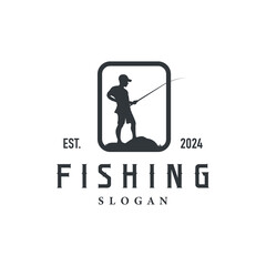 Fototapeta premium Fishing logo design silhouette of river angler with hook illustration template