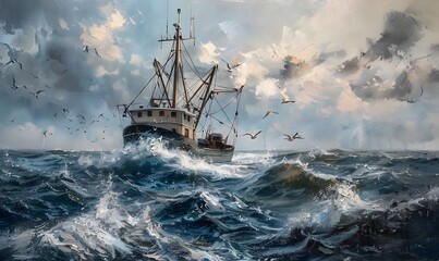 Obraz premium Return of the fishing seiner after the catch. 