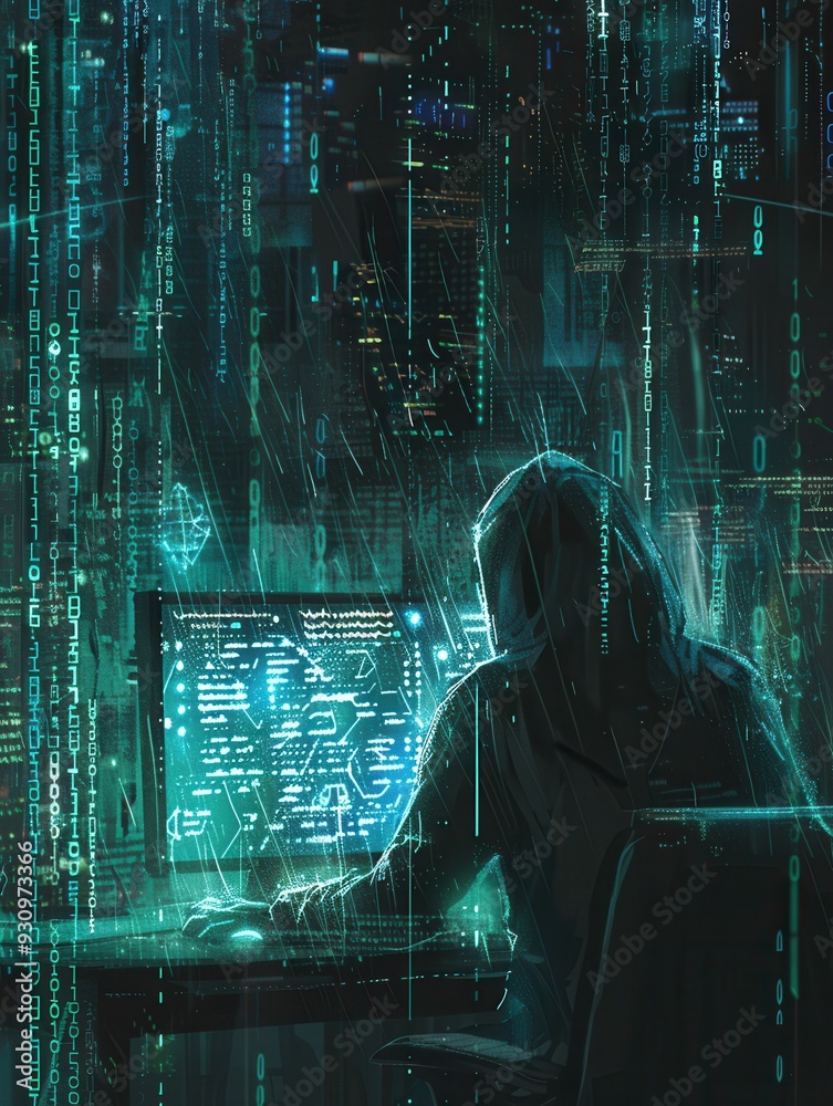Poster A hacker in a hoodie focuses on a computer screen filled with streaming lines of code, working intently in a dimly lit environment. Generative AI