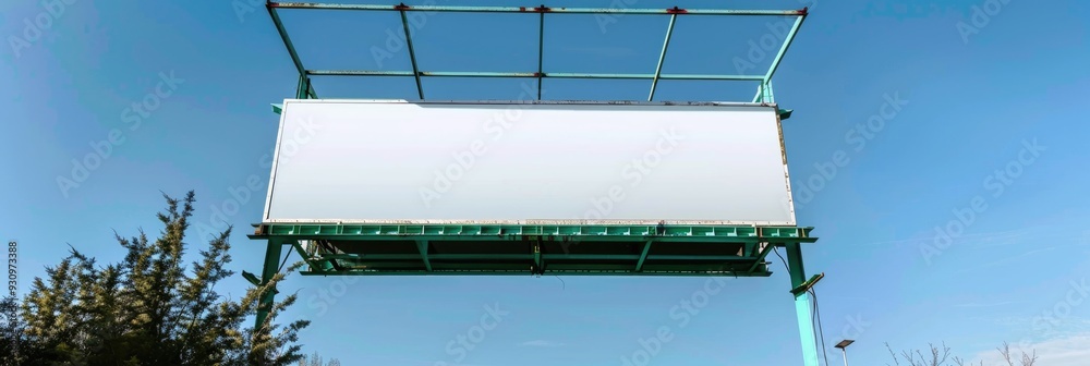 Poster Empty billboard frame featuring a green steel structure and a factory with an aluminum sheet roof, available for lease under a clear blue sky.