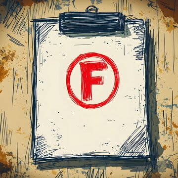 Doodle of Exam Paper with Red F Circle,Minimalist Line Art