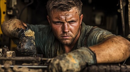 Fototapeta premium A mechanic focused on repairing a combine harvester, with grease-stained hands and a determined expression