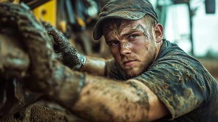Obraz premium A mechanic focused on repairing a combine harvester, with grease-stained hands and a determined expression