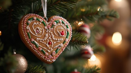 A beautifully decorated gingerbread heart cookie with intricate icing patterns and colorful candy, hanging on a Christmas tree, evoking a warm and festive holiday spirit