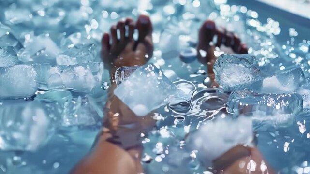 Woman is enjoying a rejuvenating ice bath, immersing her legs in the cold water filled with ice cubes as part of a therapeutic wellness routine