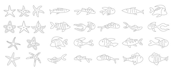 Detailed underwater plants and coral outlines. Ocean kelp, seaweed in marine aquarium set. Diverse aquatic reef life elements, isolated sea flora and doodles for coloring.