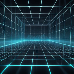 Obraz premium 3D Virtual Reality Environment Immersive VR Landscape with Glowing Grid Surfaces and Floating Data Visualizations