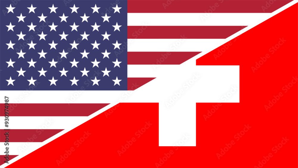 Wall mural Switzerland and United States flags combined in a split design vector, symbolizing international relations, global unity, and cultural exchange