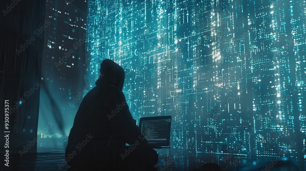 Aufkleber A hacker in a hoodie focused on a computer, surrounded by a large screen glowing with cascading code in a dark environment. Generative AI