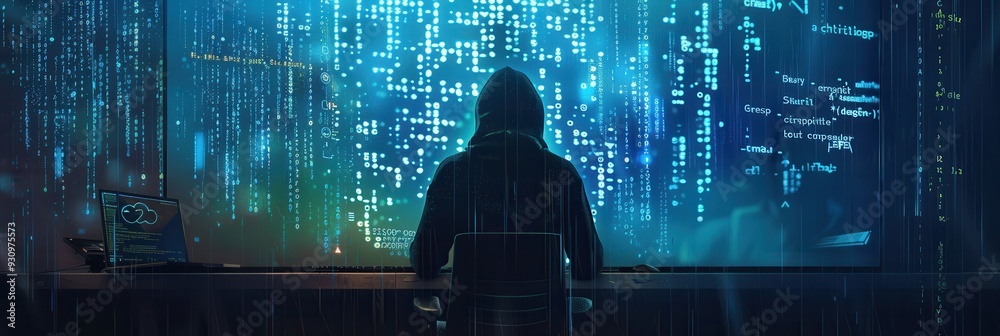Fototapete a hacker in a dark hoodie intently works on a computer, illuminated by a large screen filled with fl