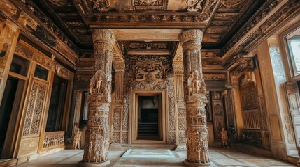 Fototapeta premium Intricate wooden carvings adorn the pillars and ceiling of a grand hall, creating a sense of history and artistry.