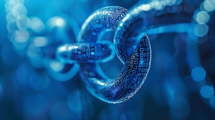 Close-up shot of a digital chain link, with binary code and data patterns embedded into the chain. The image symbolizes security, connection, and the digital world.