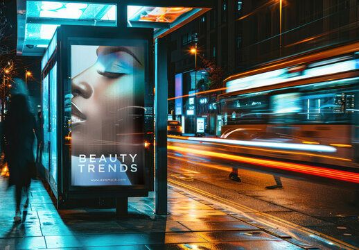 Night Bus  Stop Ad Sign Mockup With Generative AI