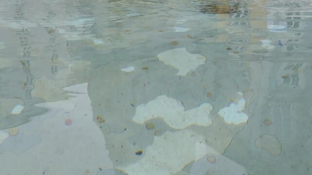 Water ripples on surface of wishing well with coins at bottom