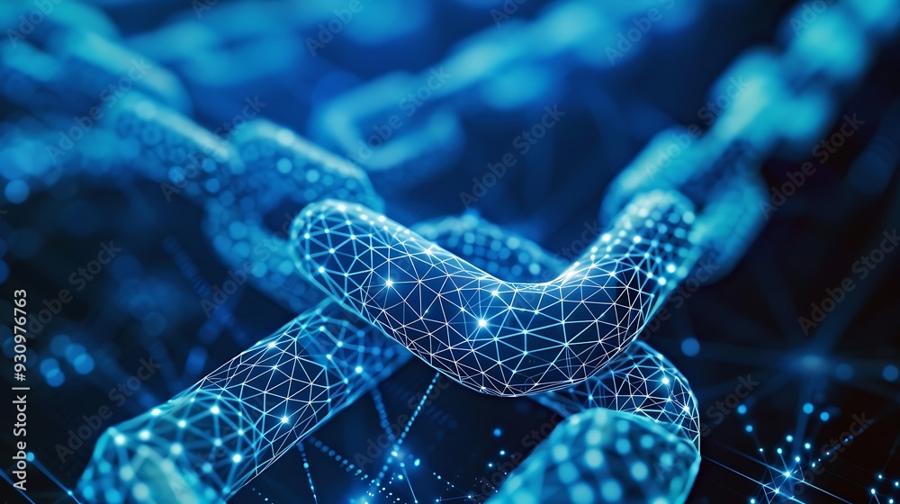 Poster close-up of a digital chain with glowing blue lights, representing a network or technology concept.