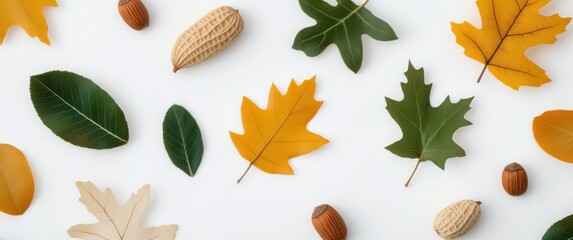 Tiny moss green and deep amber autumn leaves with mini oak nuts, presented against a white backdrop