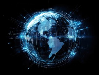 Obraz premium Futuristic Digital Globe with Blue Light Effects Representing Global Connectivity and Technology