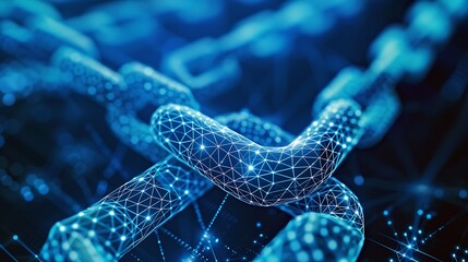 Close-up of digital chain with glowing blue lights for network connection data security blockchain system and modern technology visualization concept.