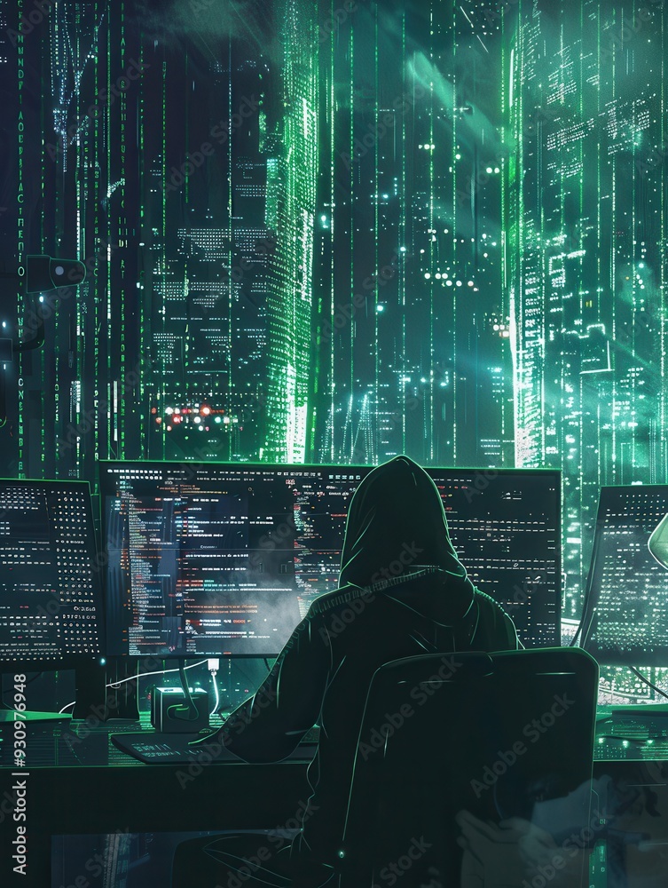 Poster a silhouette of a hacker in a hoodie engages with a computer, surrounded by glowing green code on la