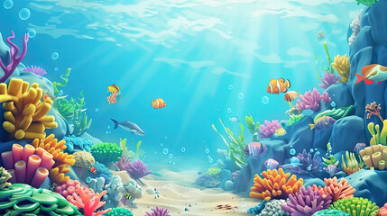 Fototapeta premium Illustration of fish in the blue sea. Fish and ocean themed book cover for children.