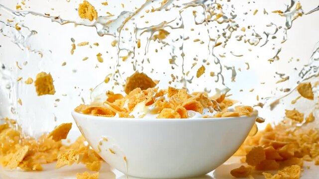 Corn flakes with milk splash in white bowl