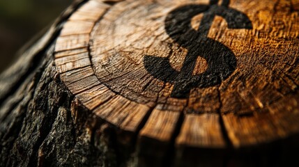 Close-Up of a Tree Stump with Dollar Sign Carved into the Wood Symbolizing Financial Growth and Nature