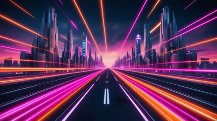 Design a sci-fi city skyline with towering, sleek buildings on either side of a wide road