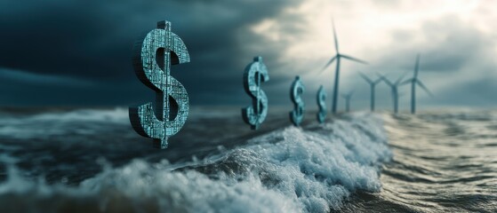 Renewable Energy Investment Concept with Dollar Signs and Offshore Wind Turbines in Stormy Ocean