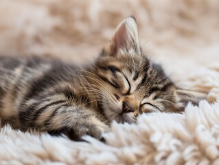 Fototapeta premium A small tabby kitten sleeps soundly on a soft, fuzzy blanket.