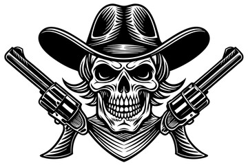Cowboy bandit skull with crossed revolver vintage style illustration