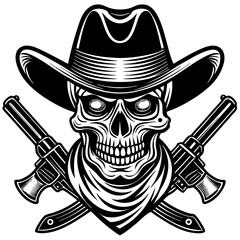 Cowboy Skull Head with Double Gun and Hat Black and White Vector Illustration