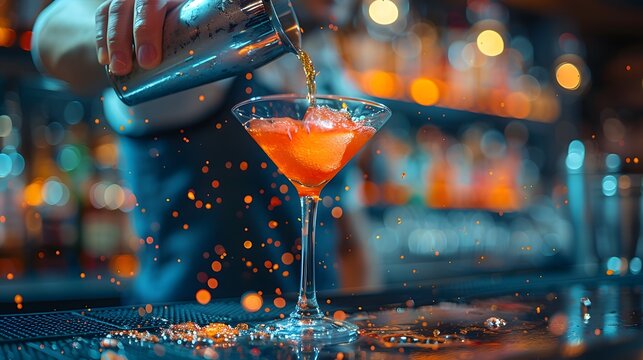 22. Hands of a bartender pouring a shot into a cocktail shaker, with a lively bar environment