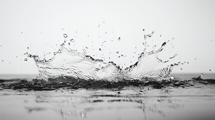 A black and white image of a water drop splashing in a still body of water. The splash creates a crown-like pattern with smaller droplets scattered around it.