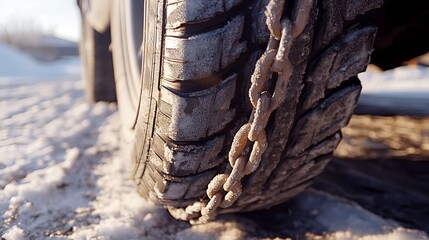 Snow chains on tire. Close up view of car tires with snow chains, winter driving preparation