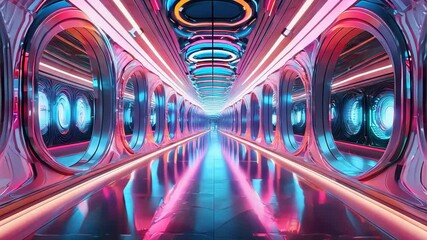 Futuristic Neon Tunnel with Sci-Fi Design for Digital Pathway and Innovation Concepts
