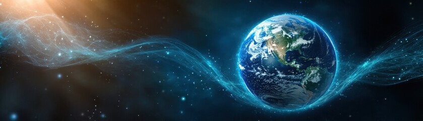 Stunning View of Earth from Space with Glowing Energy Waves and Stars in the Background