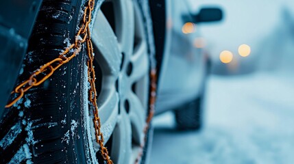 Snow chains on tire. Close up view of car tires with snow chains, winter driving preparation