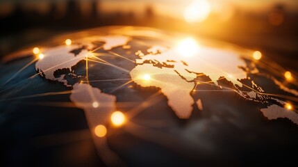 Global Network Connections Across Continents with Glowing Nodes on a Digital World Map at Sunset