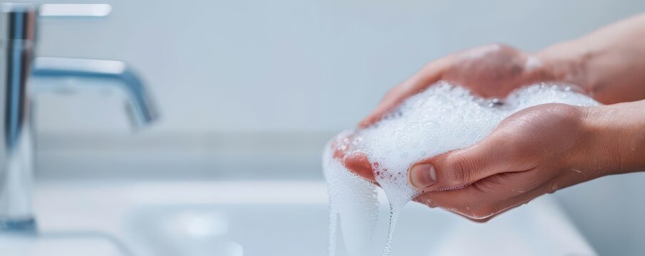 Antibacterial hand soap being used in a public restroom, with bacteria visibly washing away, anti-bacteria, public hygiene, antiseptic soap