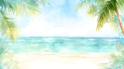 Obraz premium ヤシの木のある美しい砂浜と海の水彩イラスト背景