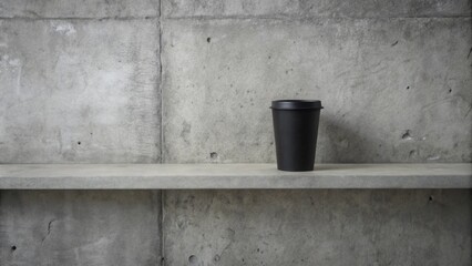 A jet-black paper coffee cup rests on a raw concrete shelf in a minimalist cafe. The rough texture of the concrete contrasts with the smooth surface of the cup, creating a stark yet elegant
