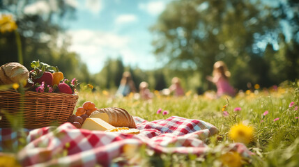 Family having picnic in the park - Peaceful Lakeside Picnic with Fresh Fruits and Bread on a Sunny Summer Day - Clear Day with a Basket of Fresh Fruits and Bread - Peaceful Outdoor Dining by the Water