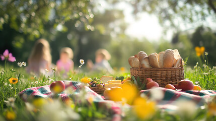 Family having picnic in the park - Peaceful Lakeside Picnic with Fresh Fruits and Bread on a Sunny Summer Day - Clear Day with a Basket of Fresh Fruits and Bread - Peaceful Outdoor Dining by the Water