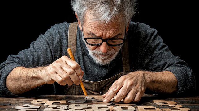 An elderly craftsman meticulously arranging wooden letters, showcasing skill, patience, and a passion for traditional artistry. data analyst, focus, financial charts, computer screens. - Powered by Adobe