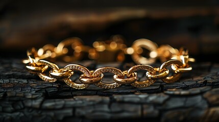 Beautiful gold chain bracelet with diamond accents on a dark background.