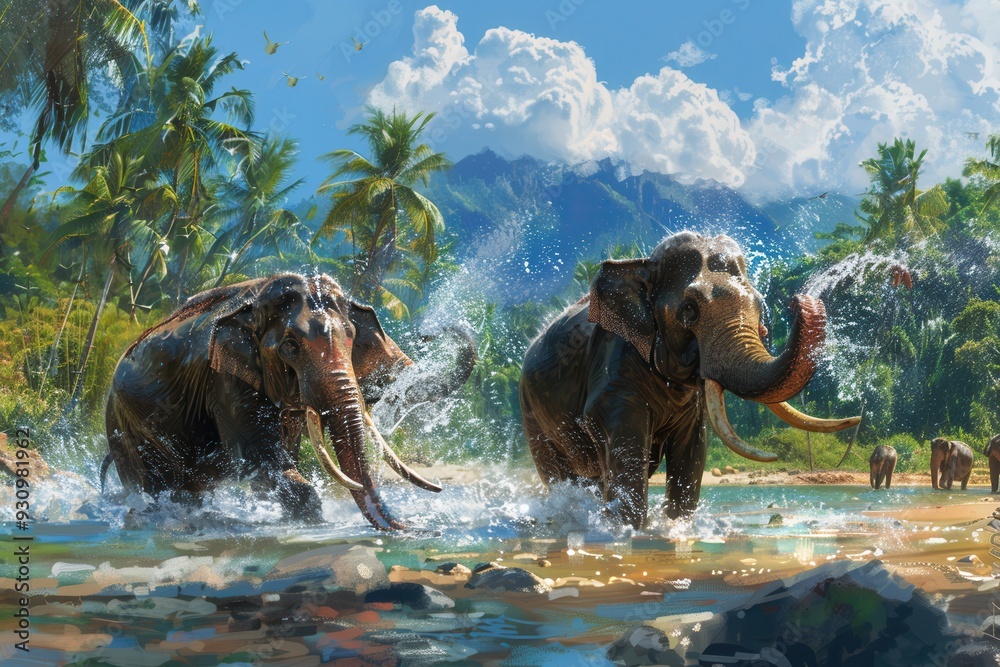 Aufkleber elephants enjoy a refreshing splash in a serene river, surrounded by tropical trees and majestic mou