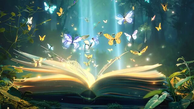 magic book with magic light and butterfly flying out of book page