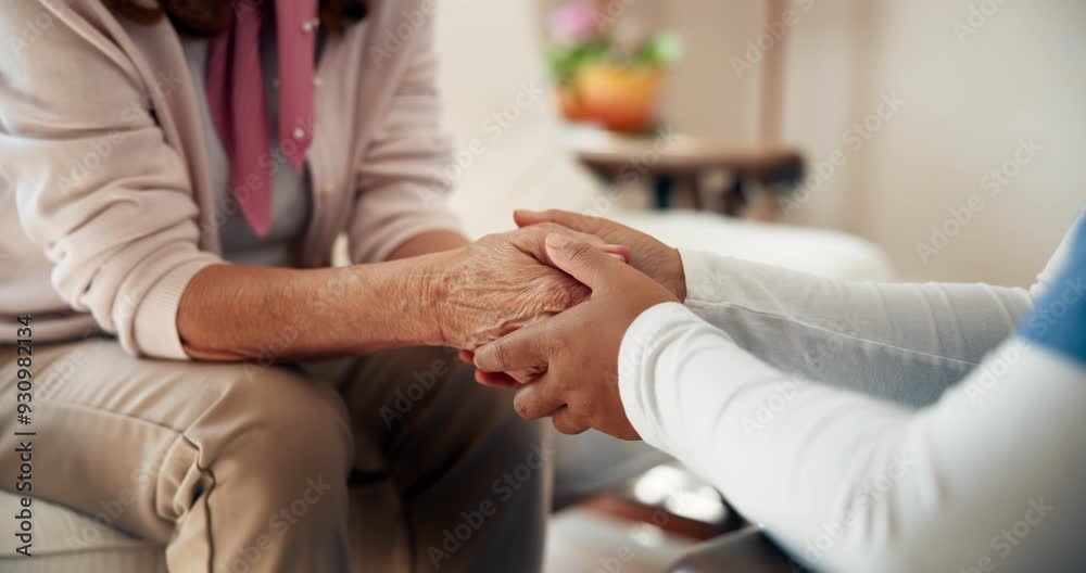 Wall mural Nurse, senior woman and holding hands with empathy, support and healthcare for retirement. Patient, caregiver and pensioner in nursing home, rehabilitation or elderly care for medical consultation