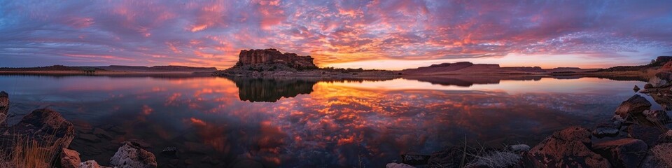Breathtaking sunset reflected in the calm waters of a lake.