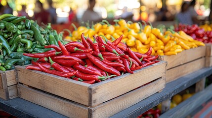 Assorted Fresh Peppers in Wooden Crates Displayed at an Outdoor Farmer's Market

